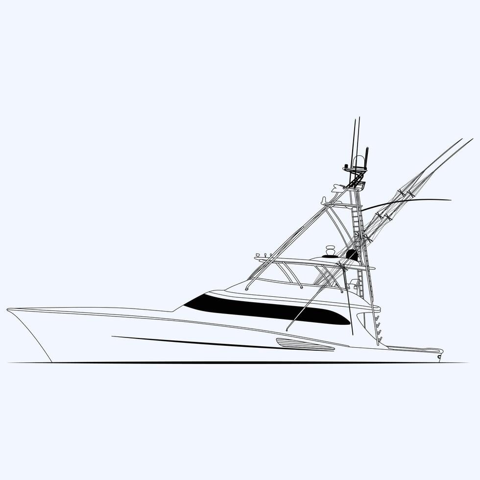 Fishing Boat Illustration without color Line Art Boat One Color vector