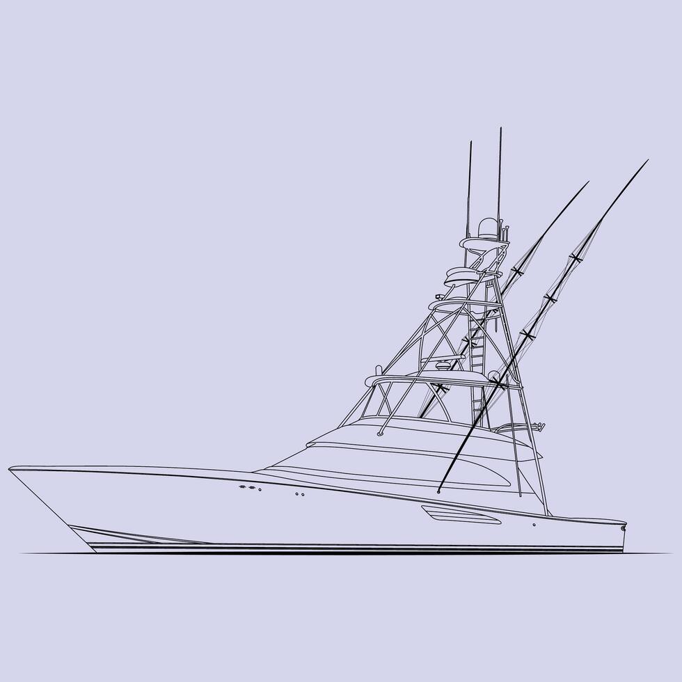 Fishing Boat Illustration side view Line Art Boat One Color vector