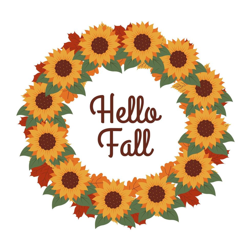 Wreath with leaves, sunflowers and lettering. Autumn concept. vector