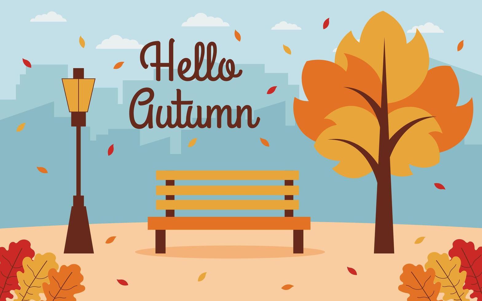 Autumn park with bench. Autumn city park with bench, tree and city skyline. Background with panorama urban autumn park. vector