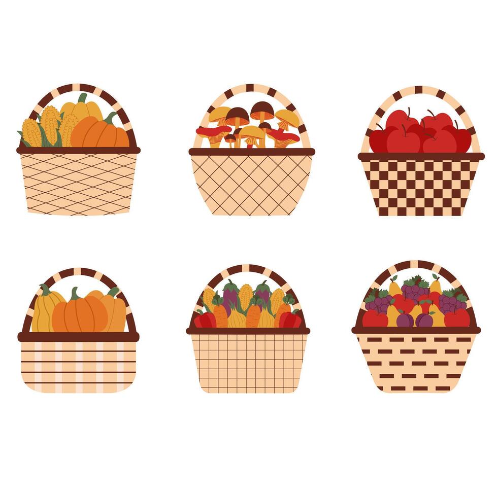 Baskets harvest set. Set of baskets full pumpkins, mushroom, vegetables, fruits. Collection of baskets harvest illustrations. Autumn and farm concept. vector