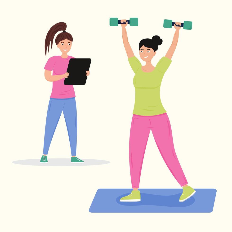 Two women exercising together in a home gym setting for fitness motivation vector