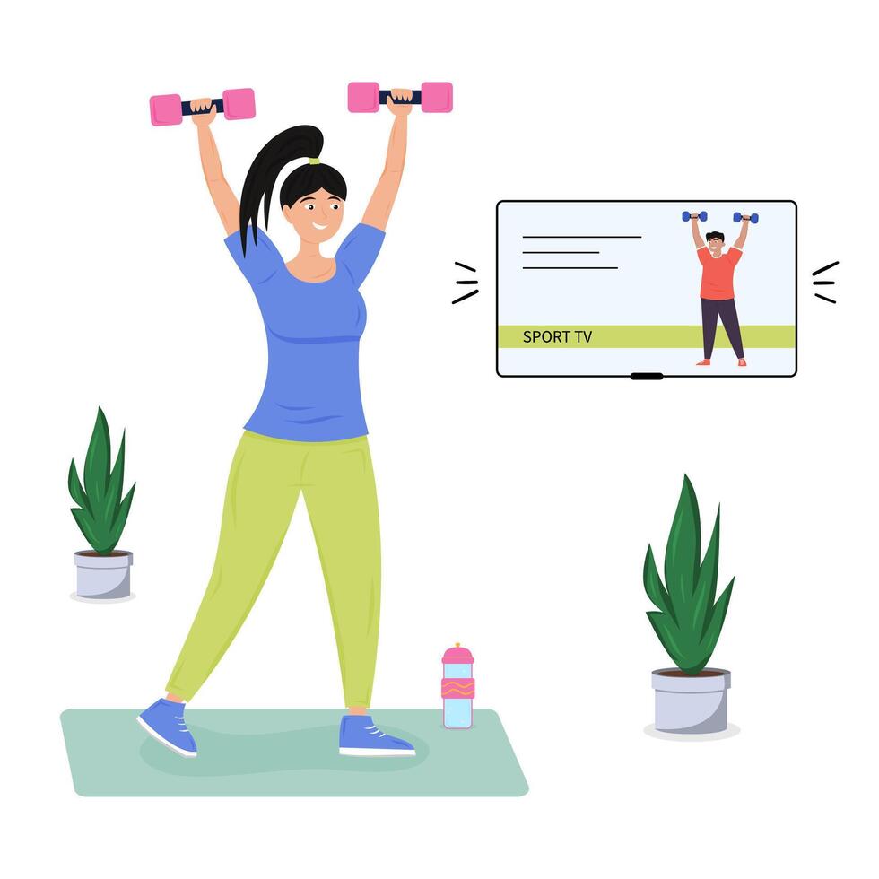 Woman exercising at home while following a workout on TV vector