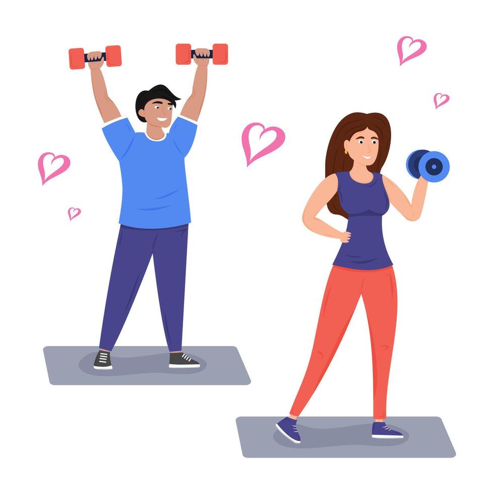 Couple working out at home, lifting weights and enjoying fitness. vector