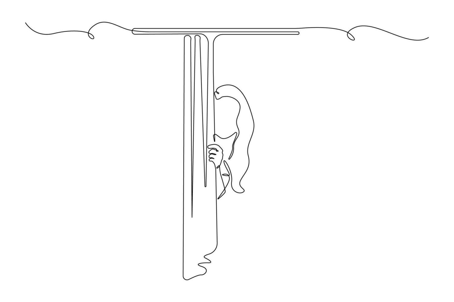 Young woman peeking through curtains continuous line art drawing. vector