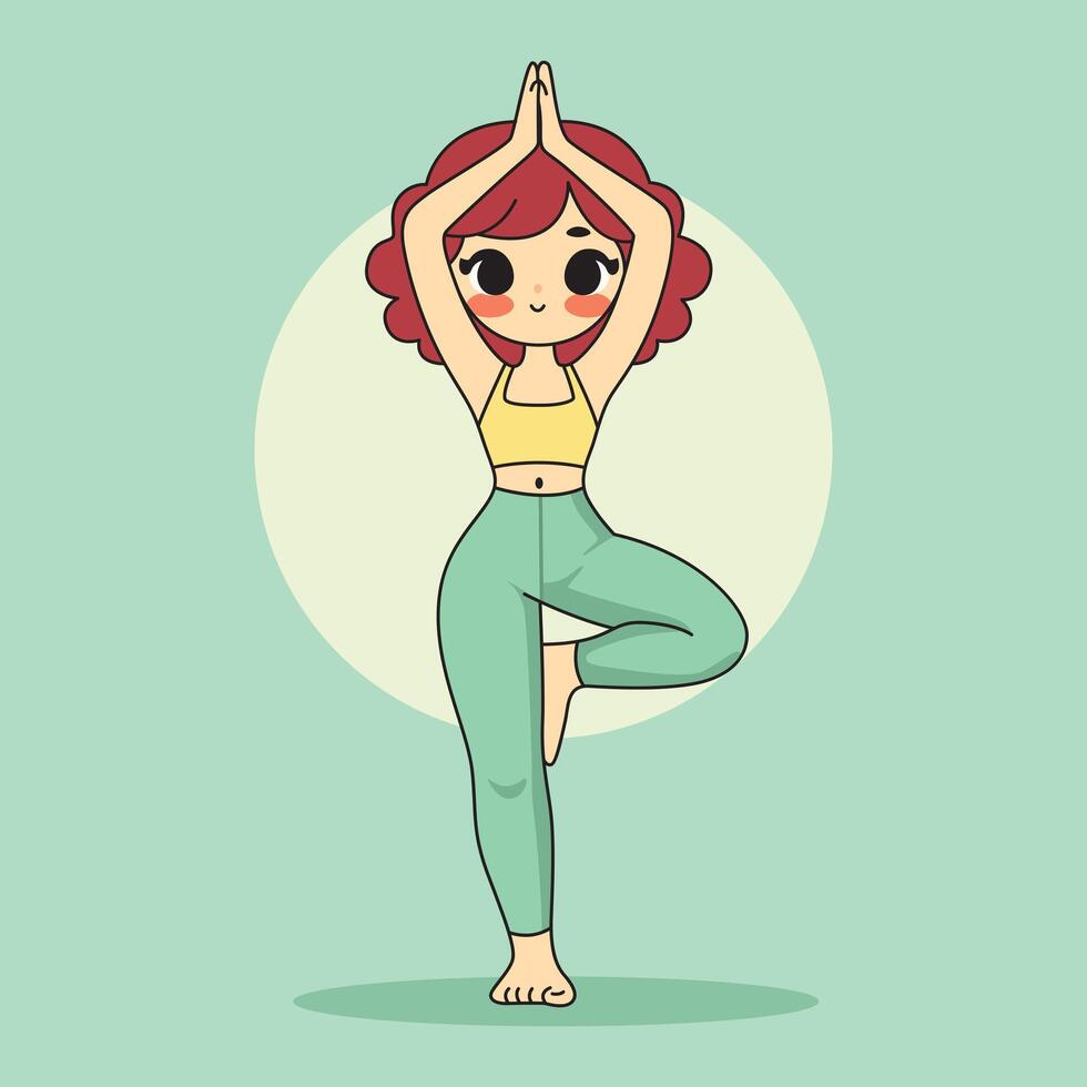 Cute girl practicing tree pose with hands together above her head, representing balance, inner peace, and yoga practice in a playful style. vector