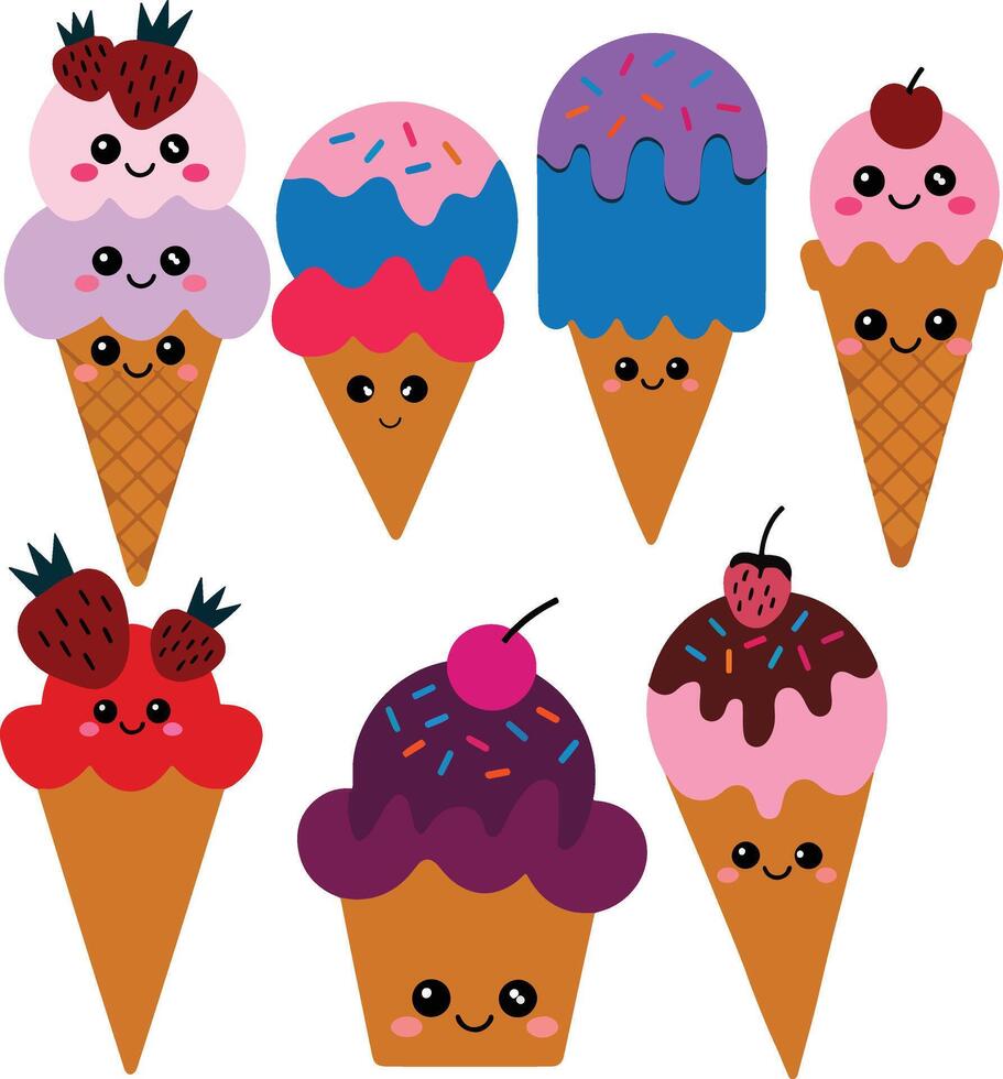 Kawaii Ice Cream, Chocolate Ice Cream, Vanilla, vector