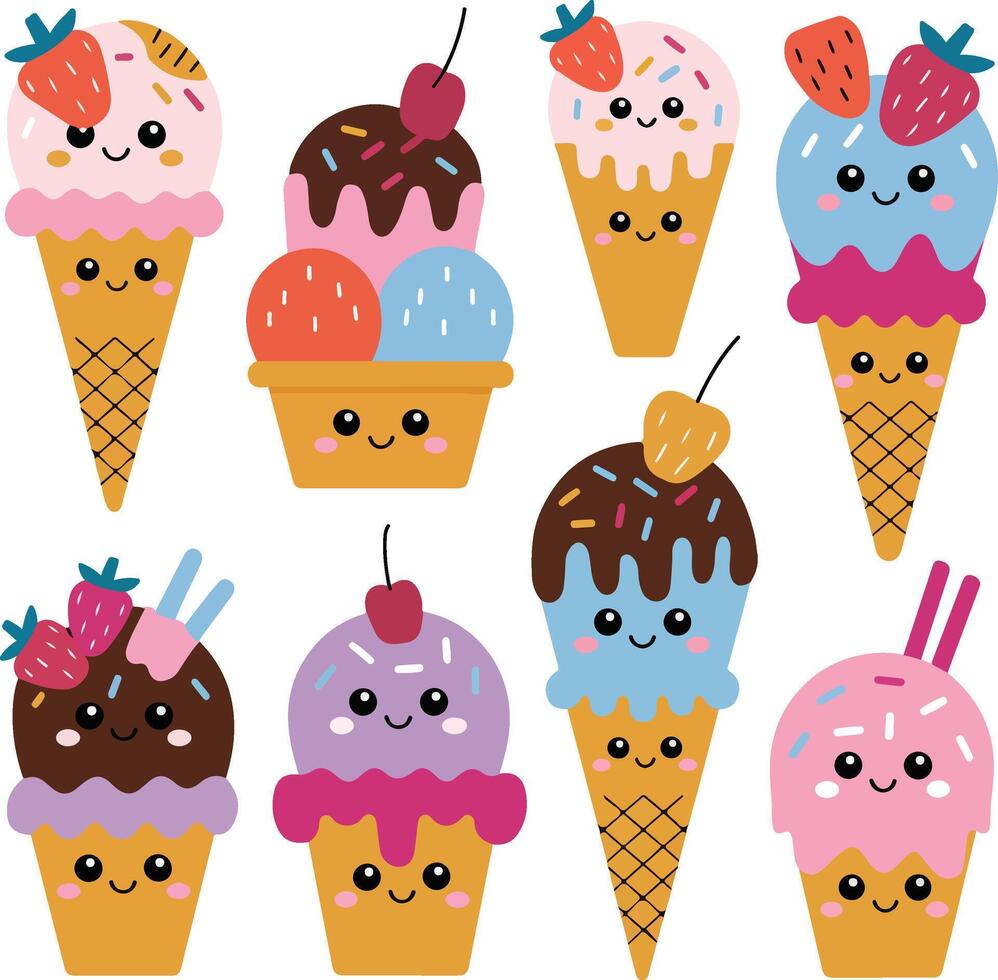 A cheerful collection of cute cartoon ice cream cones vector