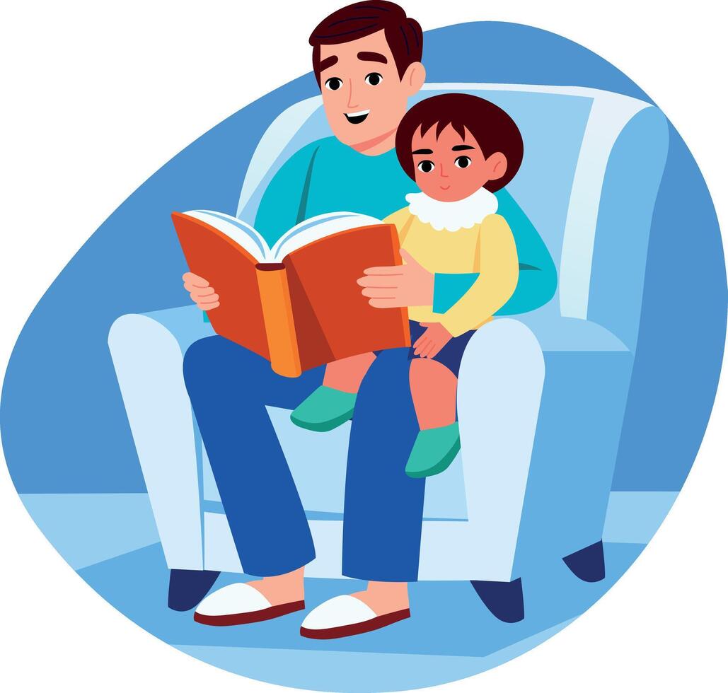 A father telling story to his son, flat style illustration vector