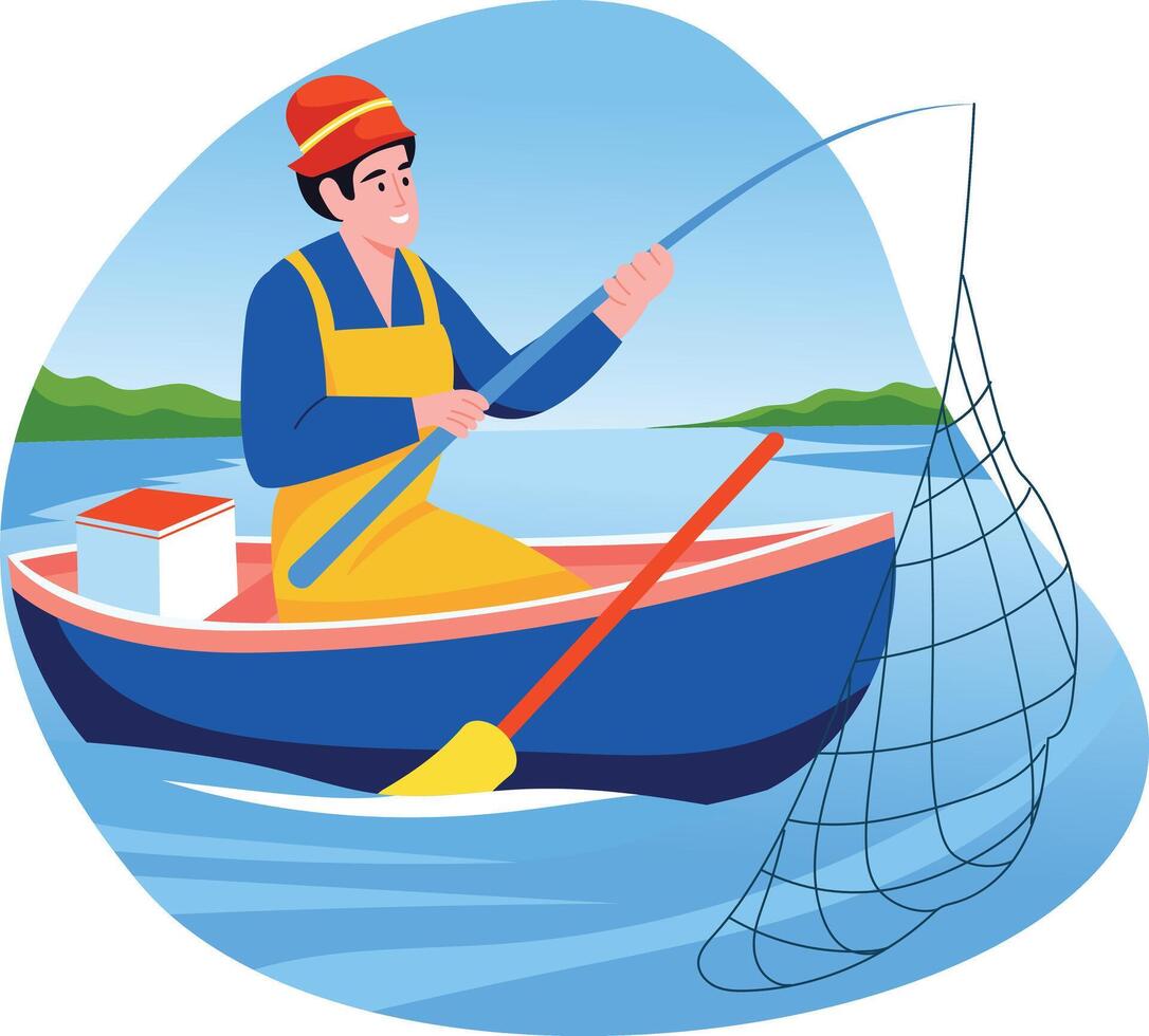 A flat illustration of a character fishing with a net vector