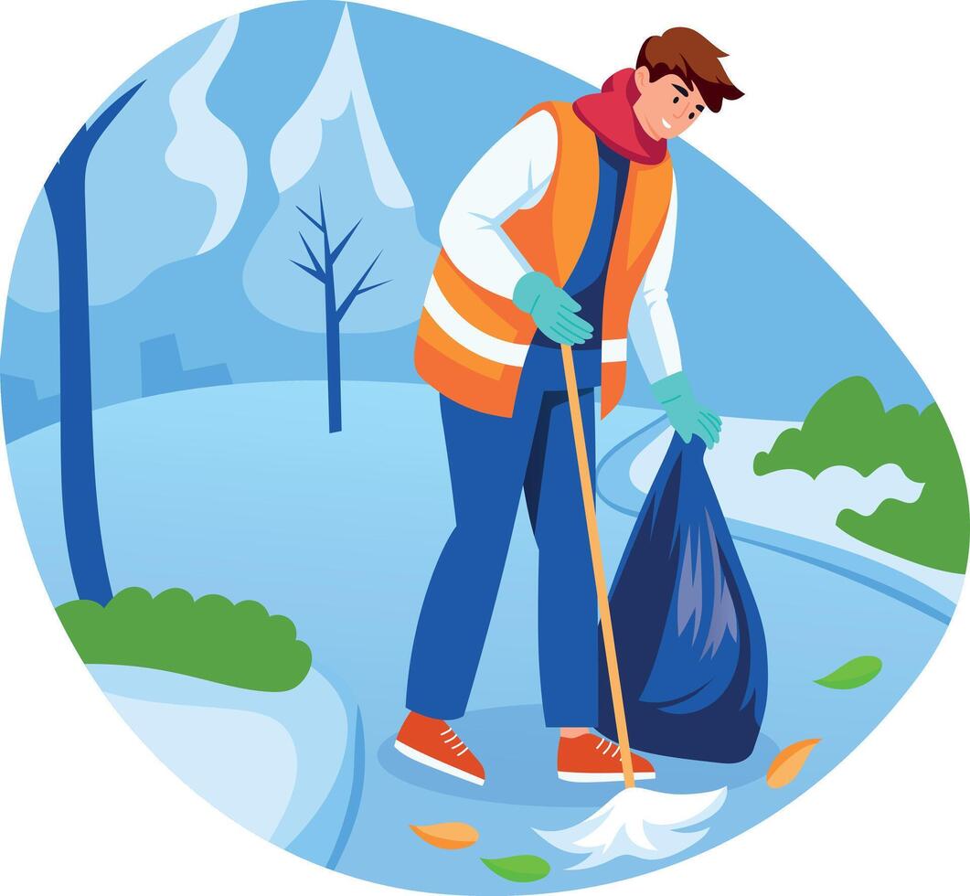 Flat style illustration of a character doing outdoor cleaning vector