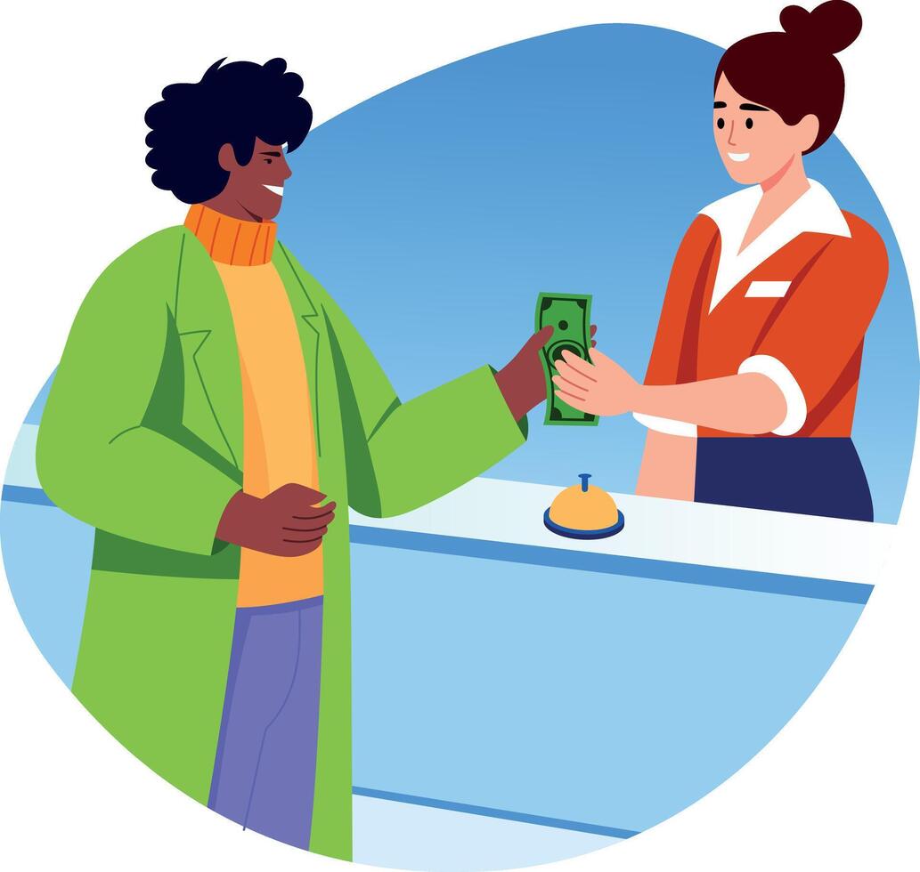 A character giving payment at reception, flat style illustration vector