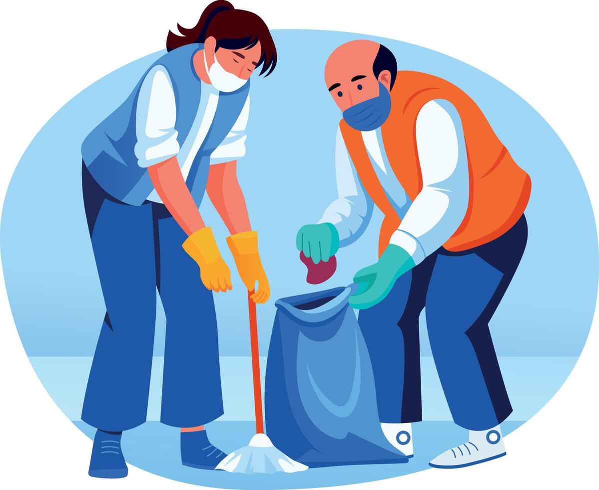 Flat style illustration of two citizens taking participation in cleaning vector
