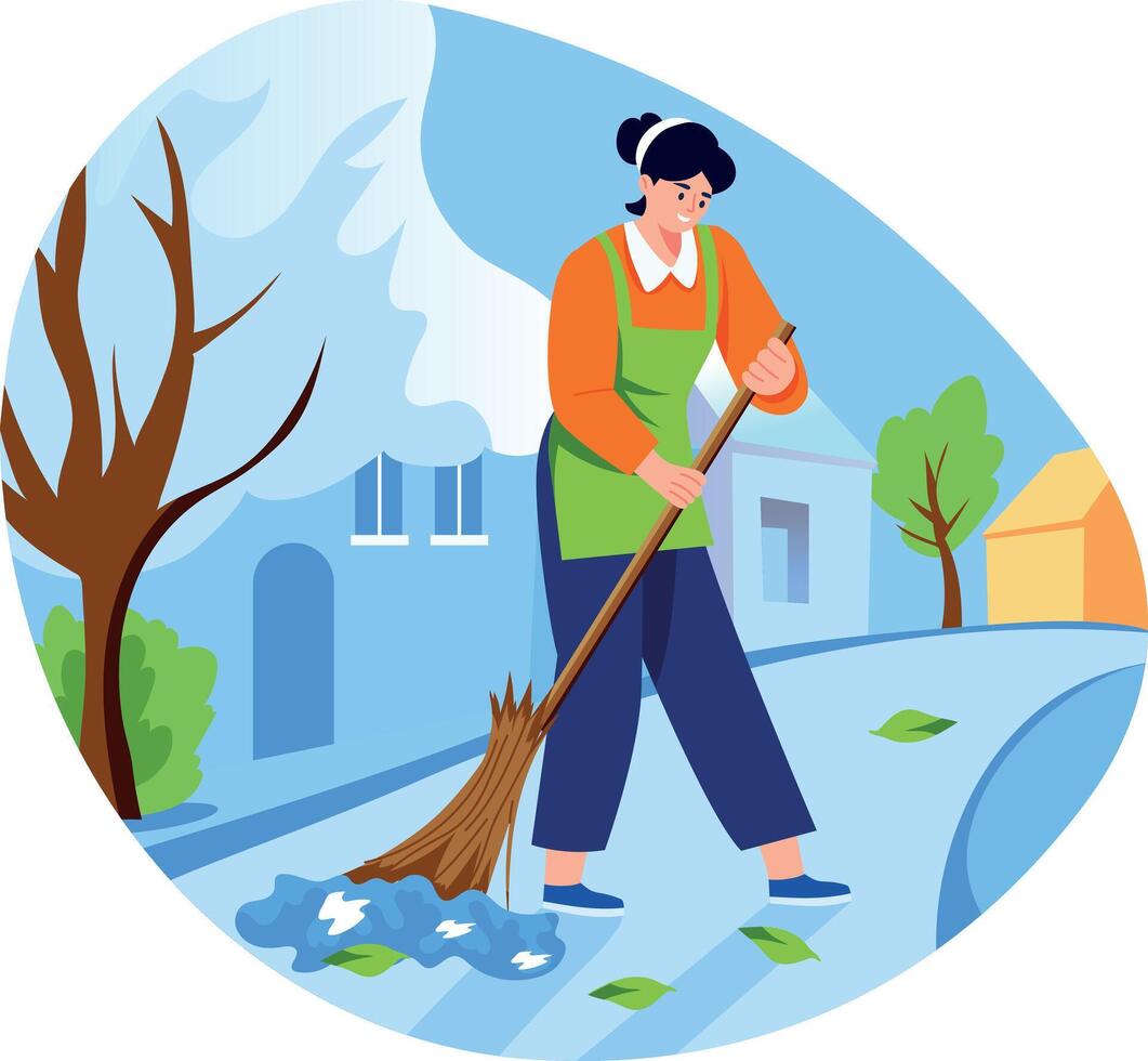 Flat style illustration of a character sweeping the road with a broom vector