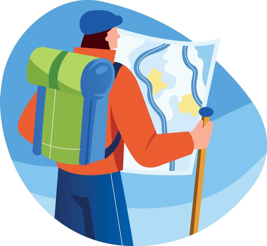 Flat illustration of an adventurer character holding a map vector