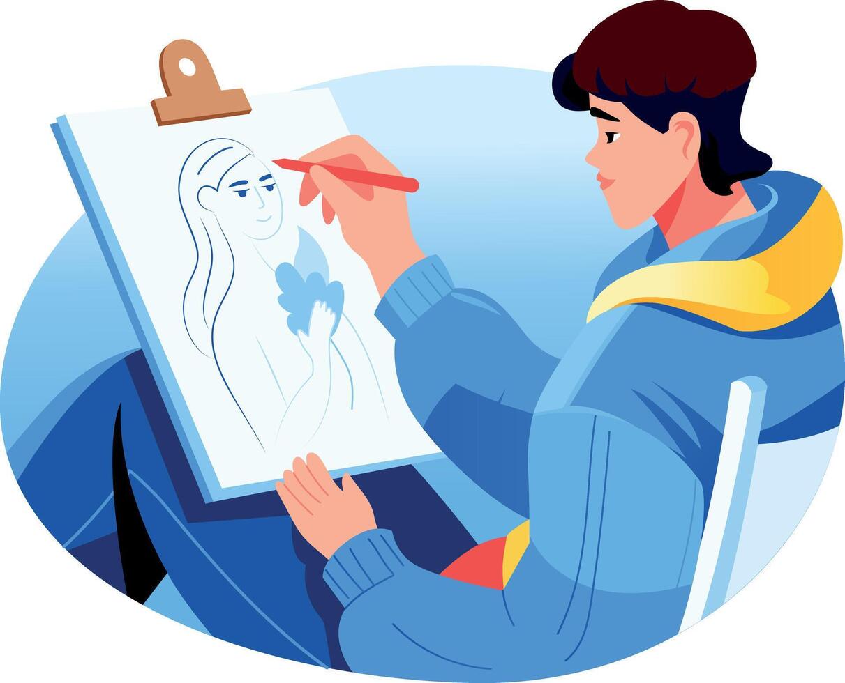 A flat style illustration of a character sketching drawing on a board vector