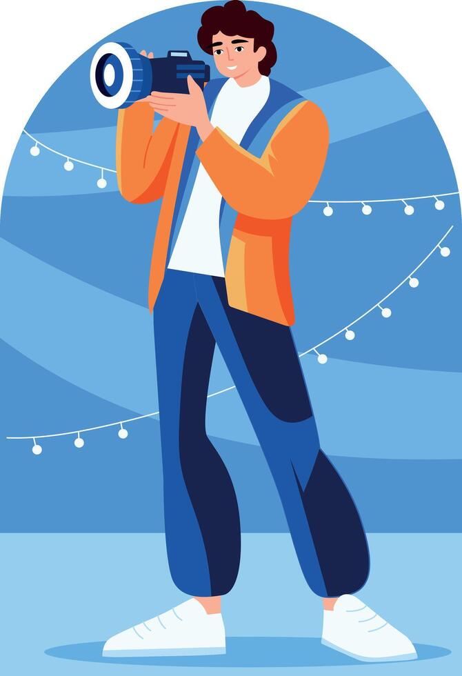 A flat style illustration of a photographer taking pictures vector