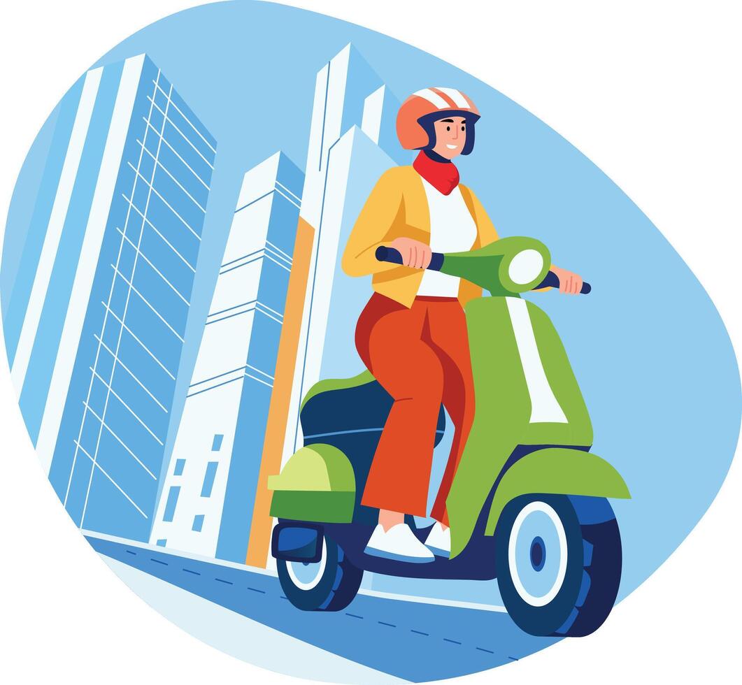 A character riding scooter on city roads, flat style illustration vector