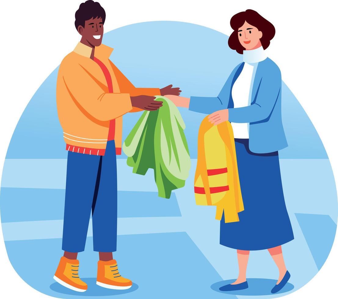 Flat style illustration of a character donating clothes to a needy person vector