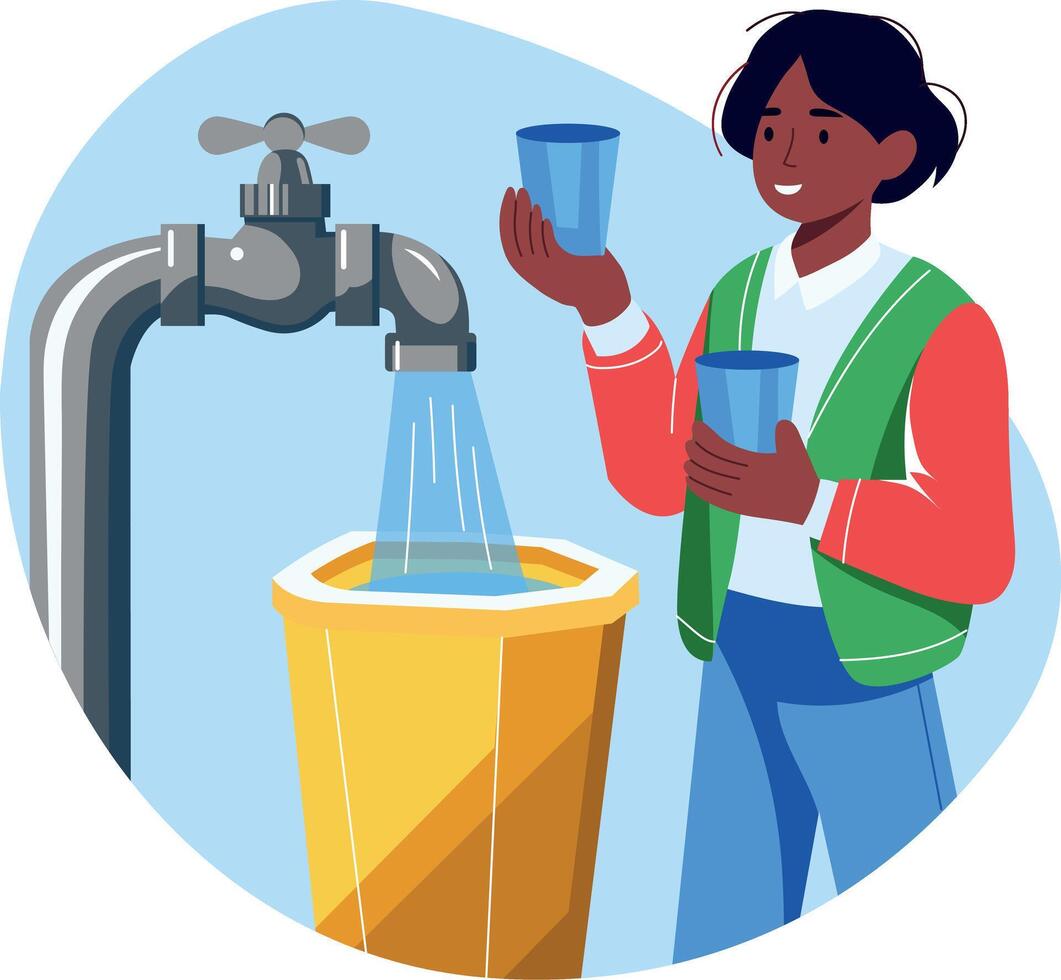 Flat style illustration of a character drinking clean water from a tap vector