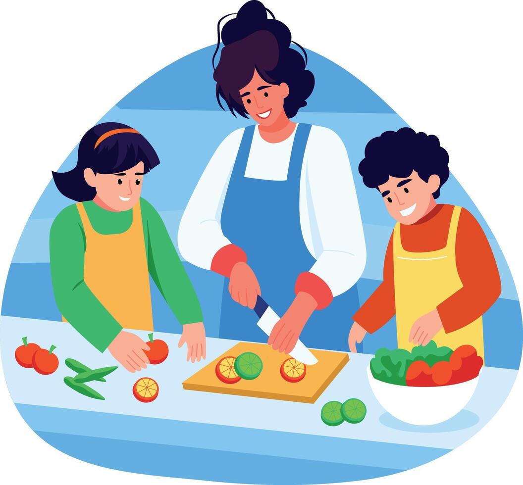 Mom cooking with his children, flat style illustration vector