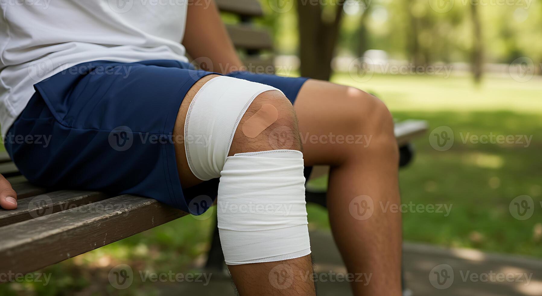 Injured Man Sitting with Bandaged Knee in Outdoor Setting photo