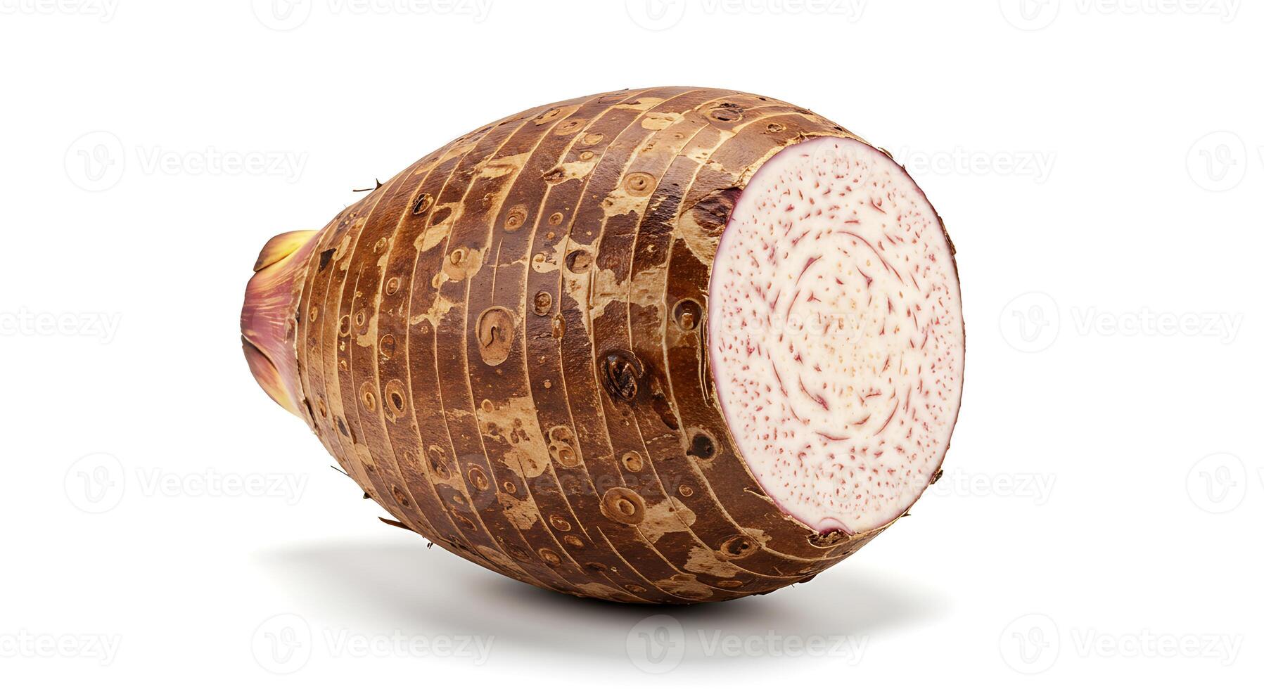 Taro Root Cut Open Showing Flesh and Texture on White photo