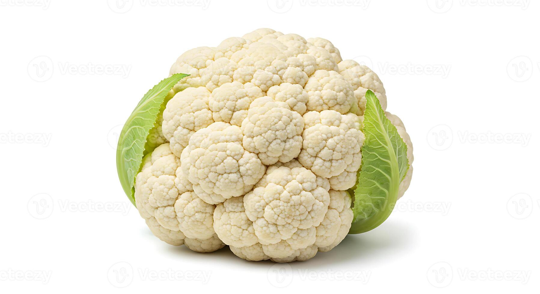 Fresh Cauliflower Head Close Up with Green Leaves on White photo