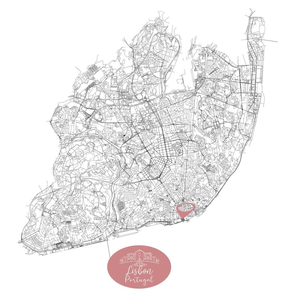 Lisbon capital city of Portugal,Urban Streets Roads Map with city center location pin, illustration element image vector