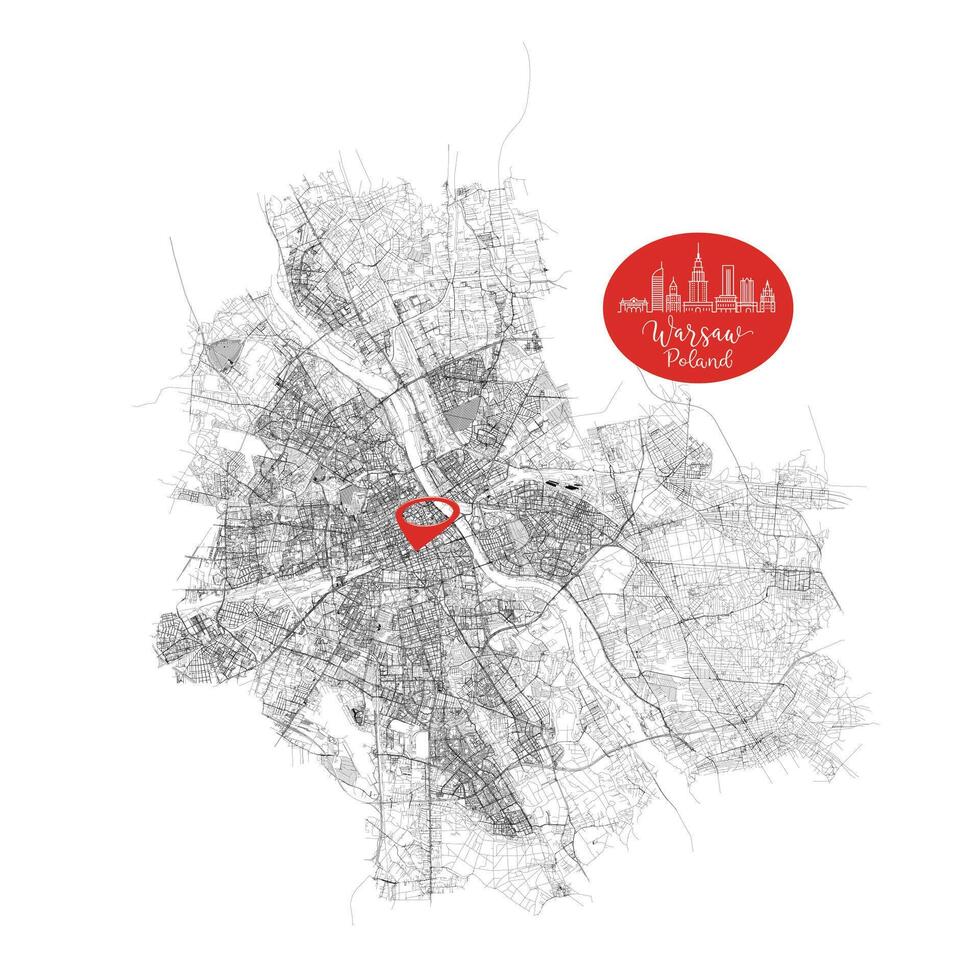 Warsaw capital city of Poland,Urban Streets Roads Map with city center location pin, illustration element image vector