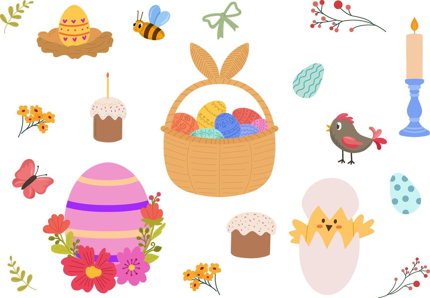 Set of easter elements. Cute easter supplies like chickens, colorful eggs, candles, and easter bread. vector