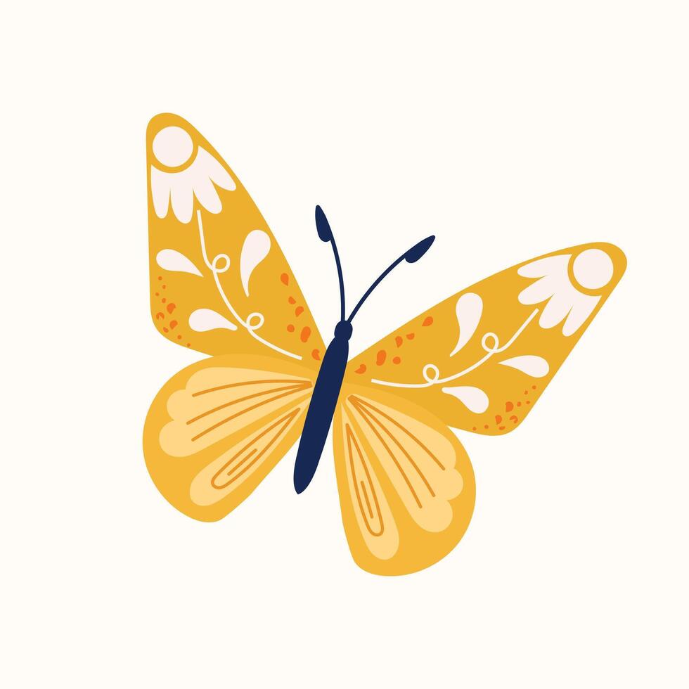 Orange butterfly with stylized wing decorations and dark blue body. Cartoon style with smooth lines and bold shapes. Light background. vector