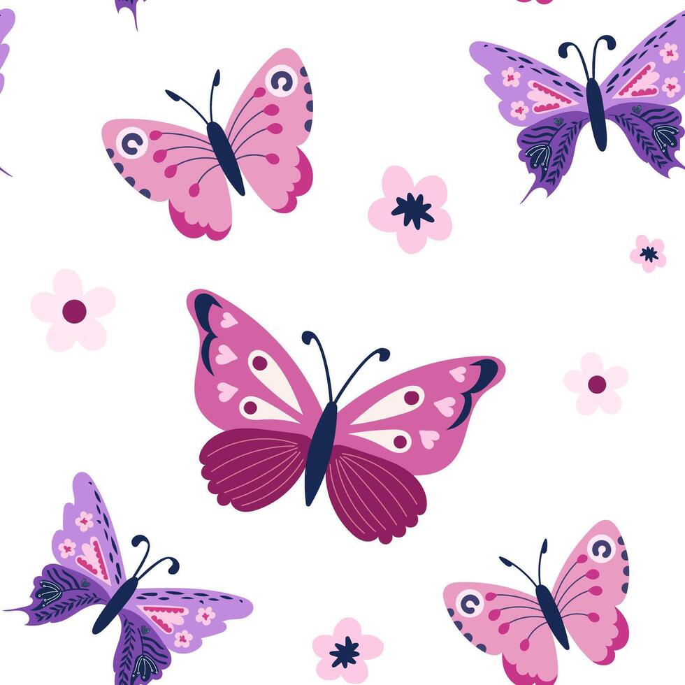Seamless pattern featuring multiple butterflies with detailed wing designs, and decorative spots, interspersed with small floral elements. Cartoon style with soft outlines and smooth shapes. vector