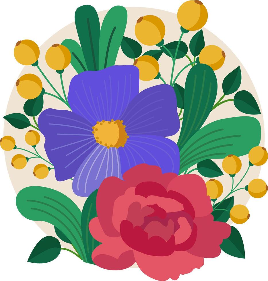 Floral bouquet featuring two large stylized flowers with surrounding yellow buds and lush green leaves. Cartoon style with vivid colors and clean outlines. Beige circular background. vector