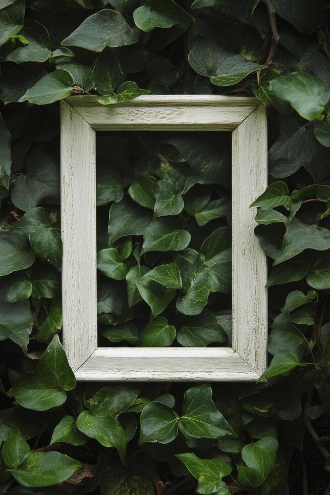 A white frame is surrounded by green ivy photo