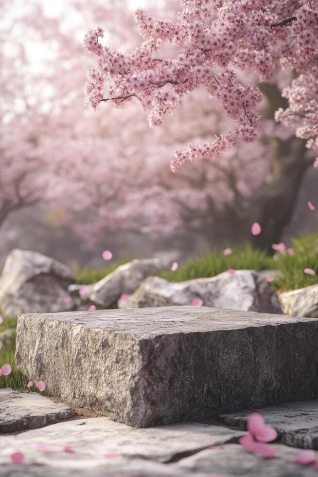A stone bench in front of a tree with pink flowers photo