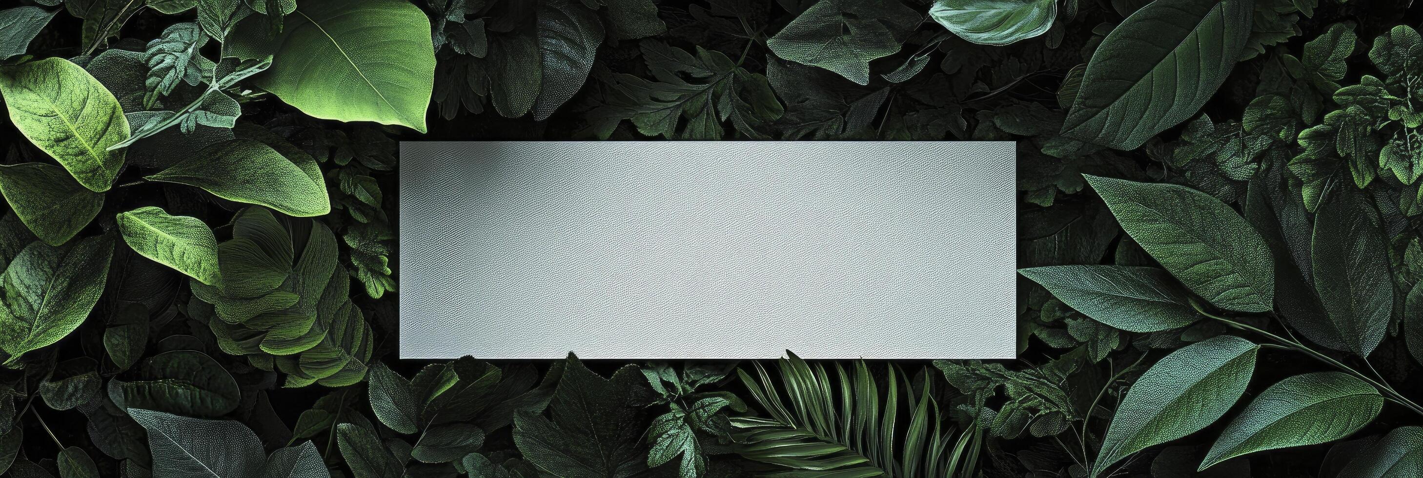Blank white paper in jungle with green leaves photo