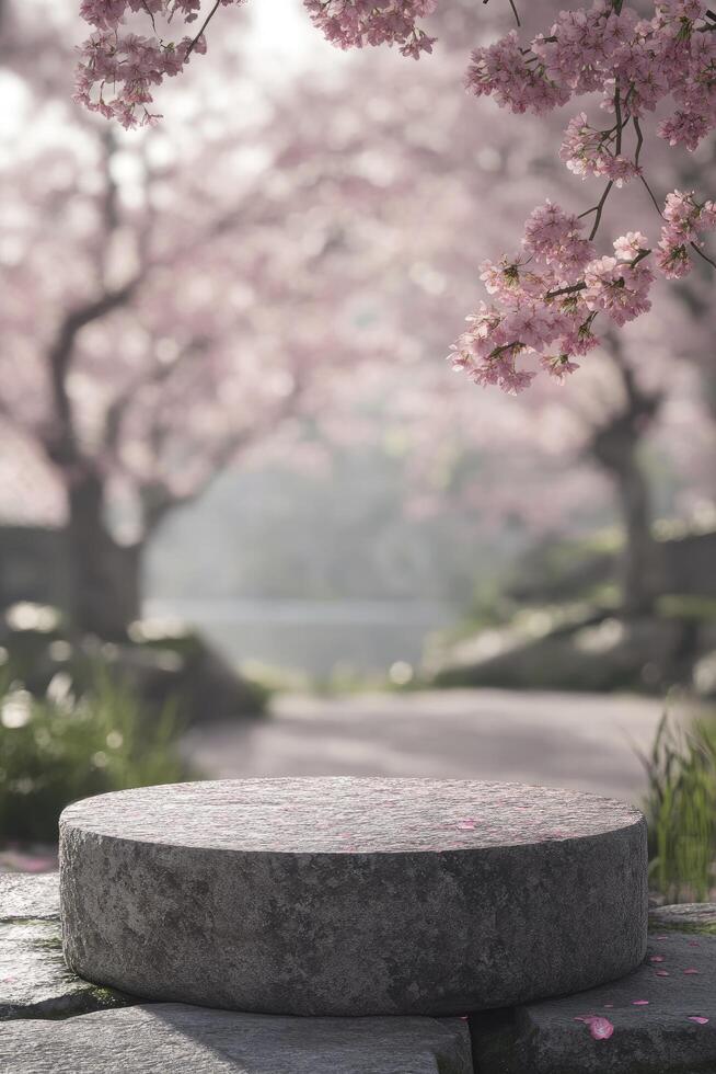 A stone bench sitting in front of a tree with pink blossoms photo