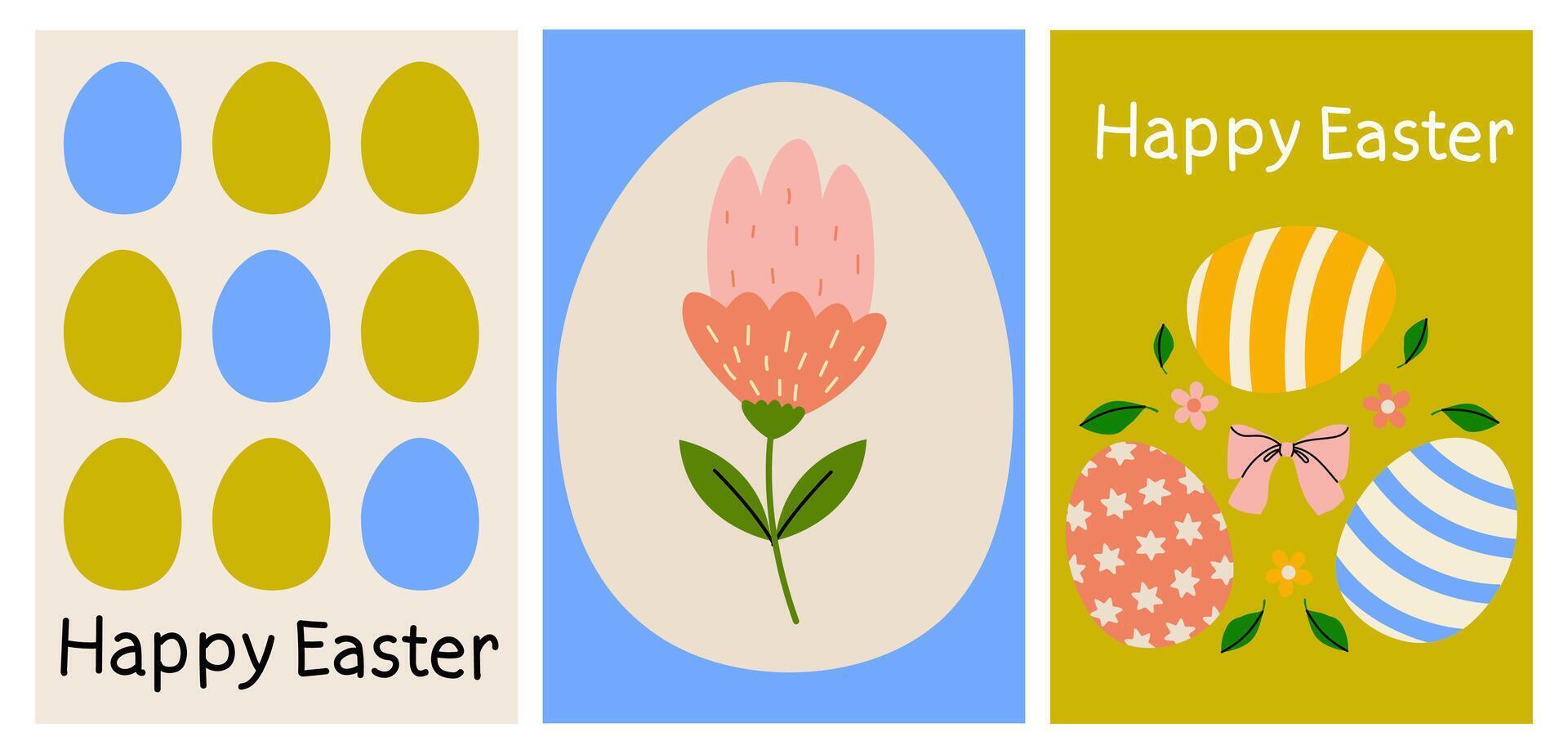 Colorful Easter decorations with eggs and flowers displayed during spring celebrations vector