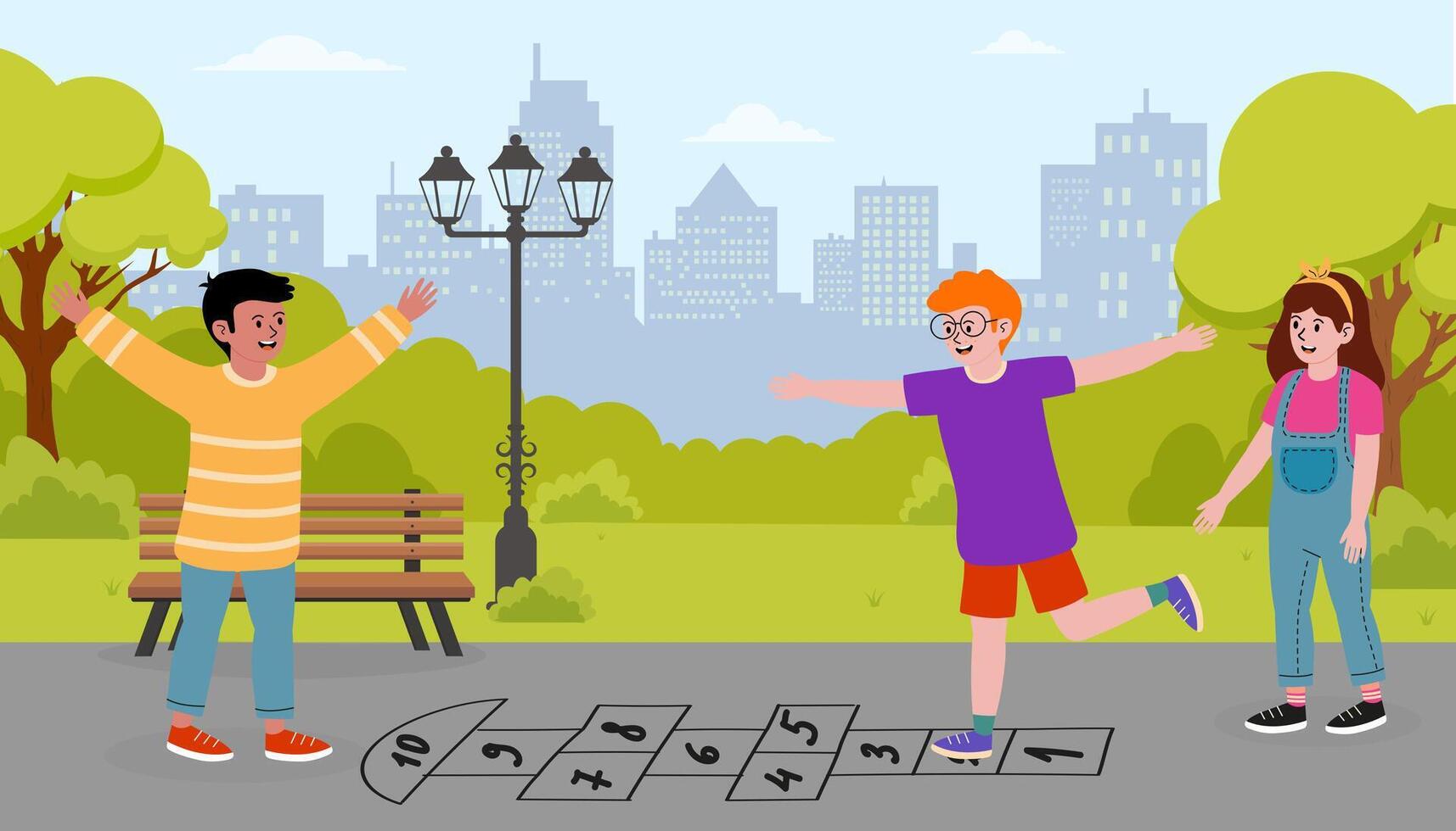 Kids playing hopscotch in a vibrant park during a sunny day in the city vector