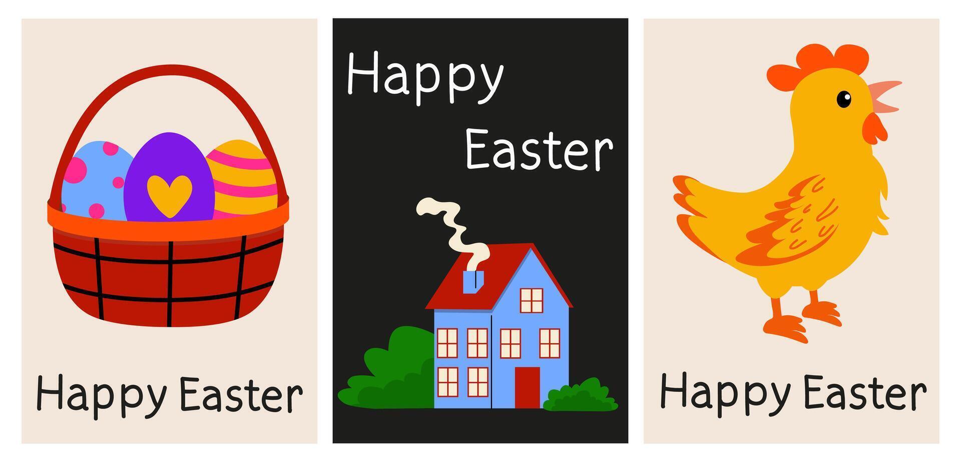 Decorative Easter cards featuring eggs, a house, and a chick in single design layout vector