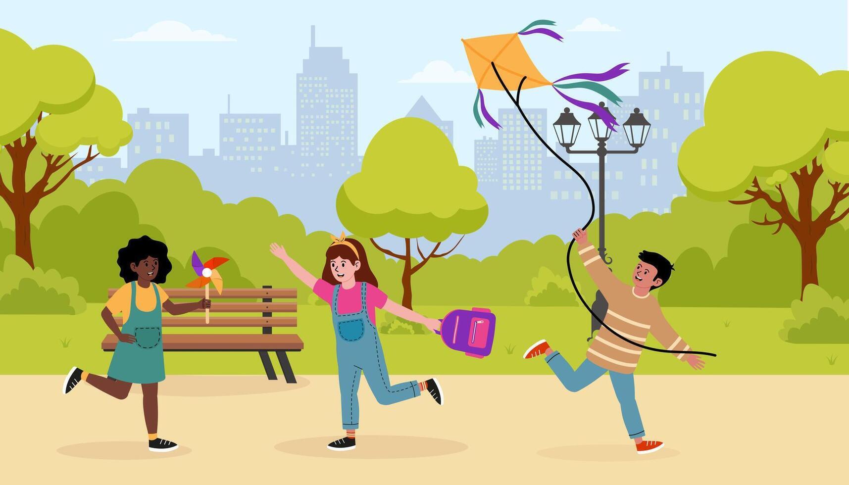 Friends enjoy a sunny day flying kites and playing games in a city park vector