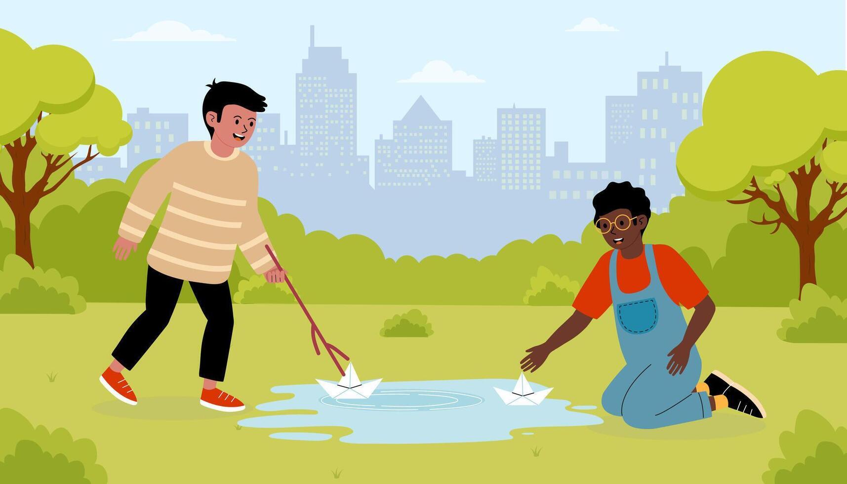 Children play with paper boats in a city park on a sunny day vector