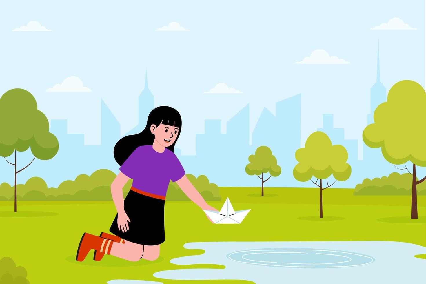 Girl plays with paper boat in city park during sunny day with greenery and skyline vector