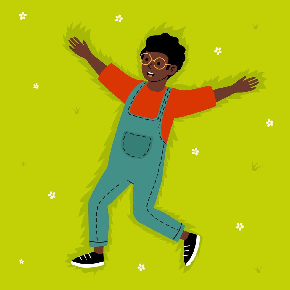 Happy child enjoying a sunny day while lying on green grass in a playful pose vector