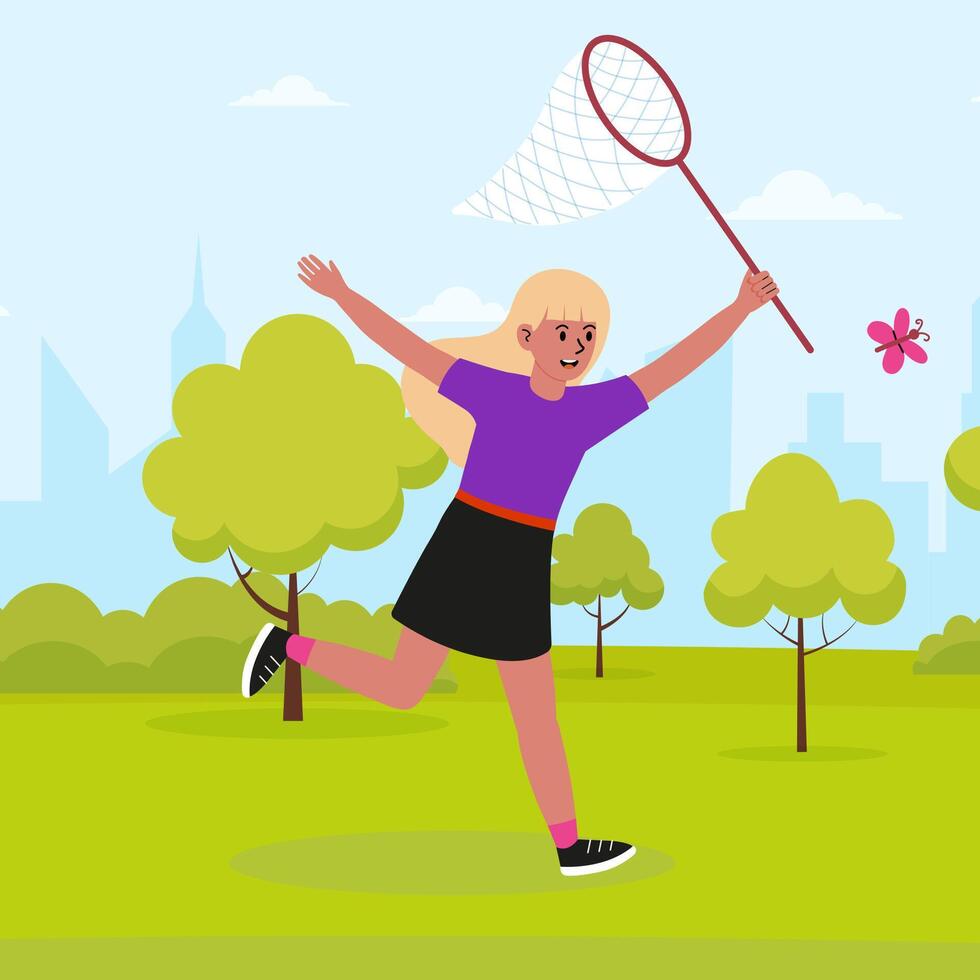 Girl joyfully catching butterflies in a city park on a sunny day vector