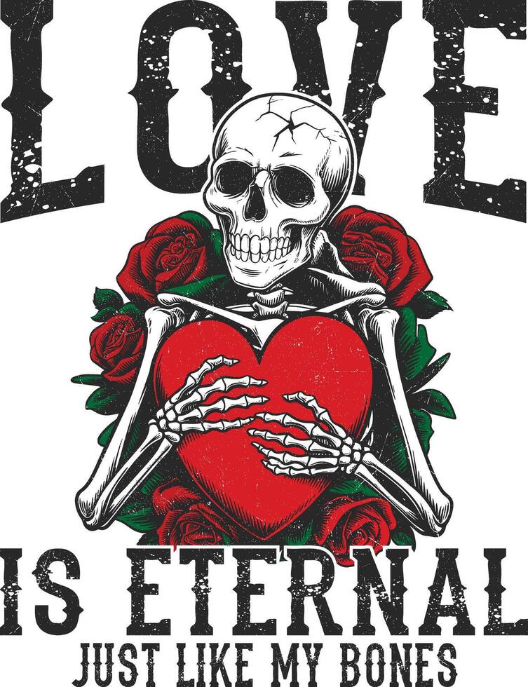 Love is Eternal Gothic Skeleton Couple and Rose Valentines Day Design vector