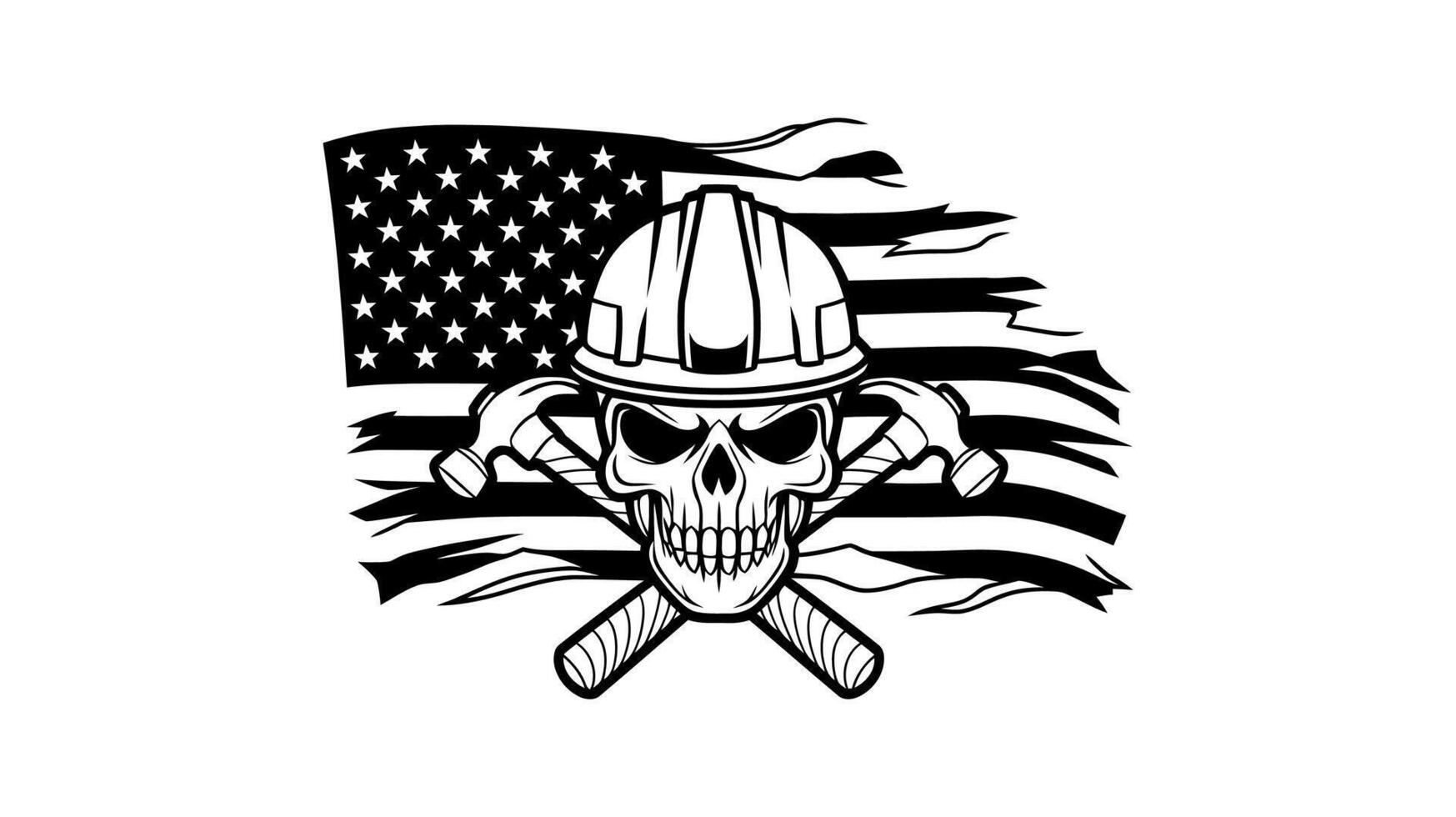 American Hard Hat Skull with Hammers on Ripped Flag vector