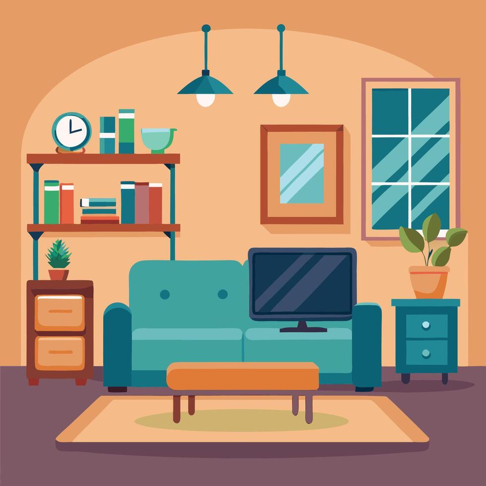 A drawing of a living room with a couch vector