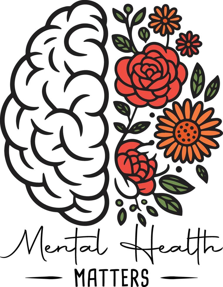Mental Health Matters Brain and Flower Design for Awareness and Support vector